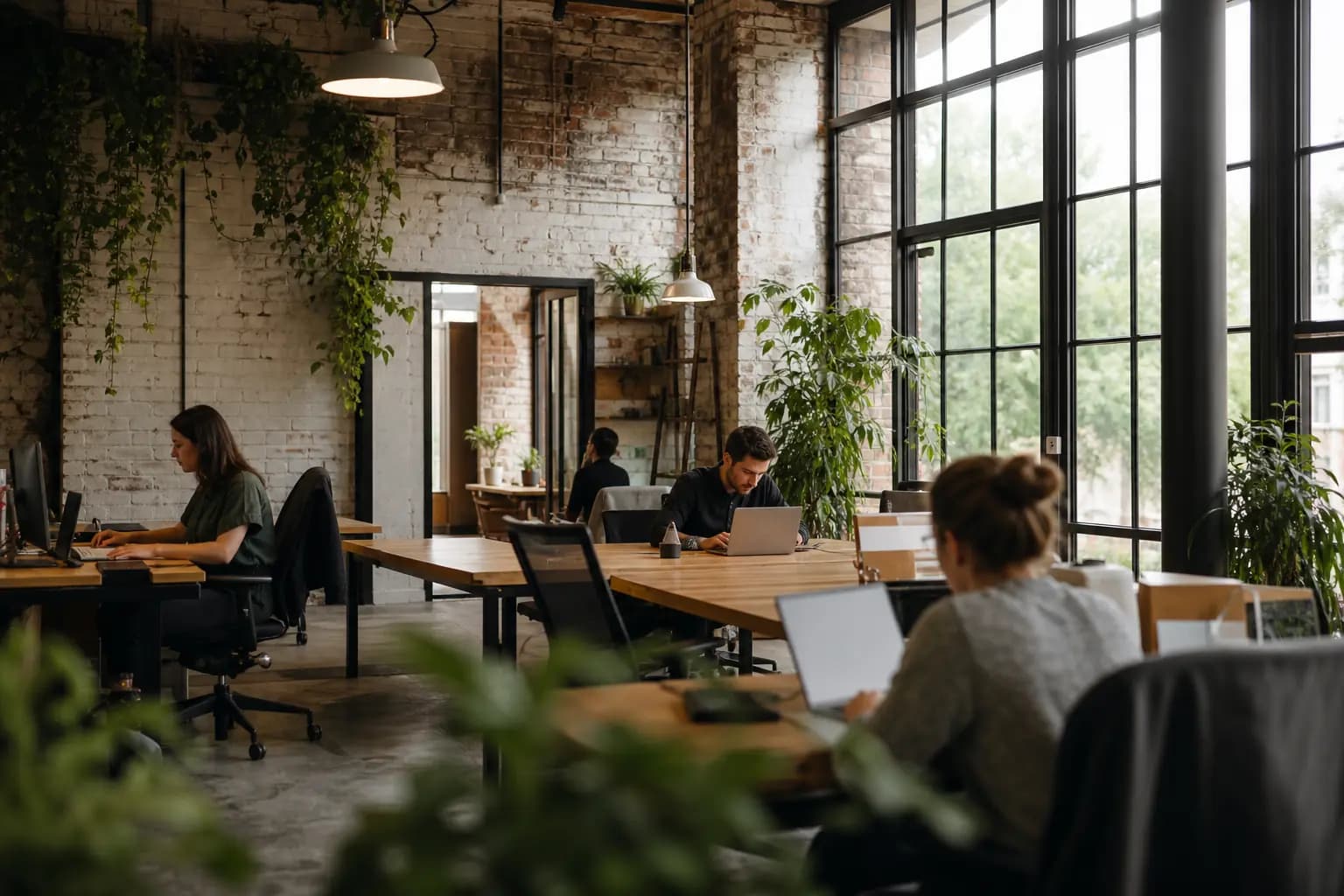 Espace de coworking périurbain, postes de travail en lumière naturelle